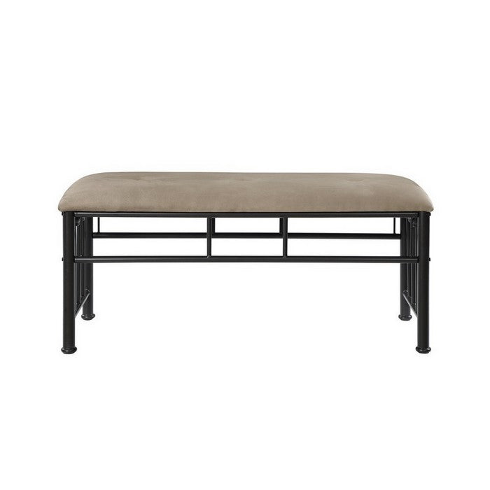 Rectangular Metal Bench with Fabric Upholstered Seat, Beige and Black