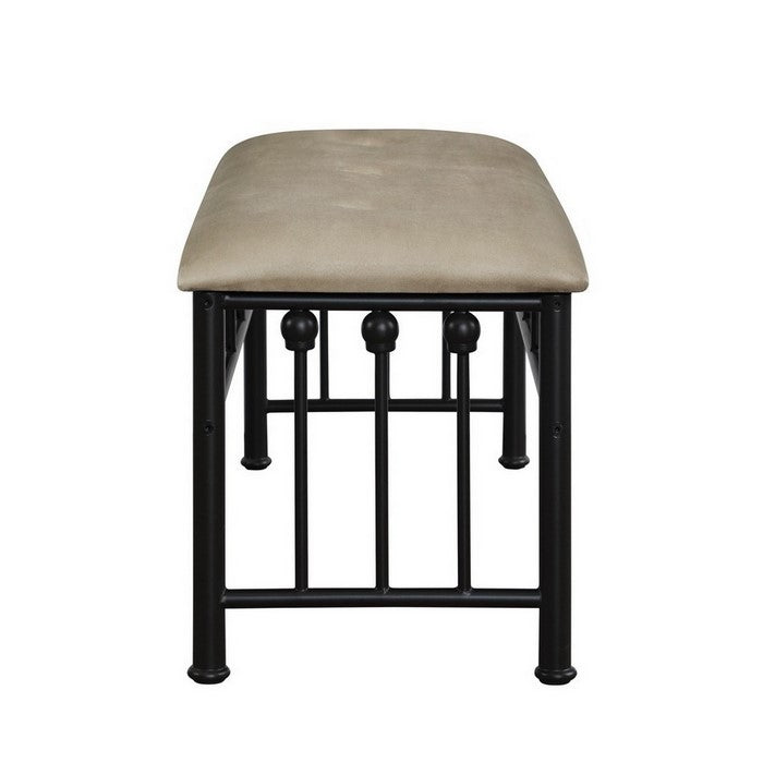 Rectangular Metal Bench with Fabric Upholstered Seat, Beige and Black