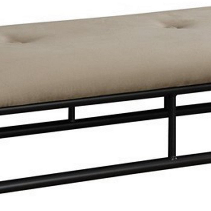 Rectangular Metal Bench with Fabric Upholstered Seat, Beige and Black