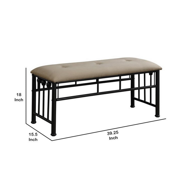 Rectangular Metal Bench with Fabric Upholstered Seat, Beige and Black
