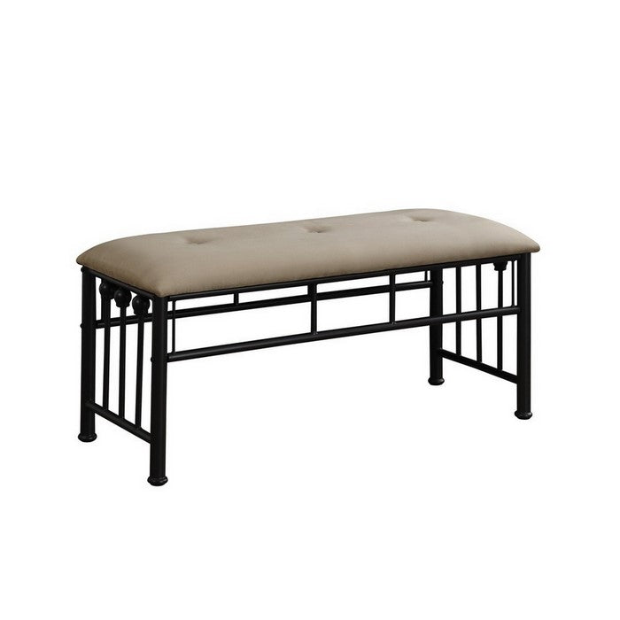 Rectangular Metal Bench with Fabric Upholstered Seat, Beige and Black