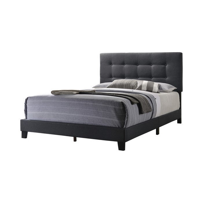 Eastern King Bed with Square Button Tufted Headboard, Dark Gray