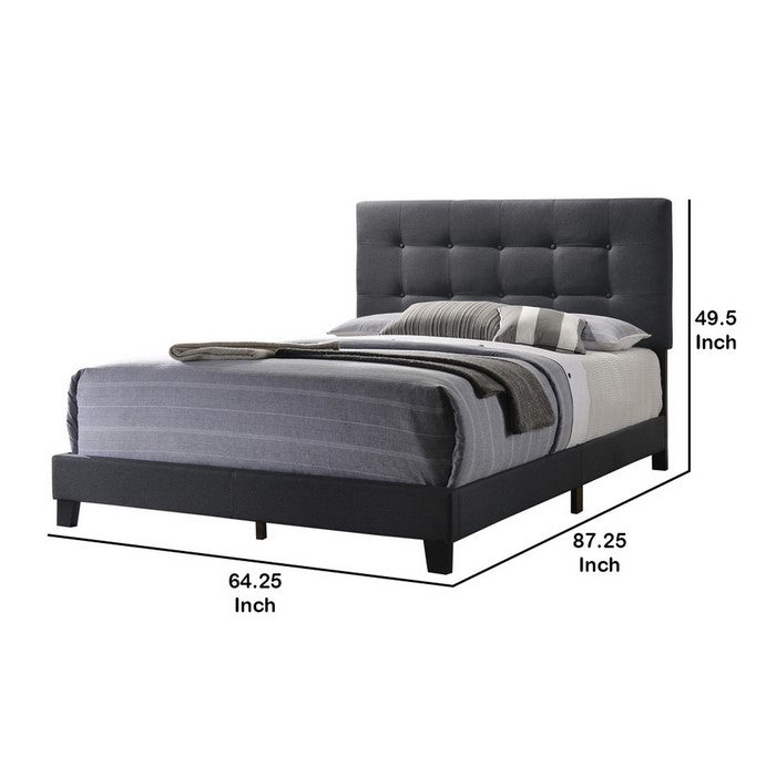 Queen Size Bed with Square Button Tufted Headboard, Dark Gray
