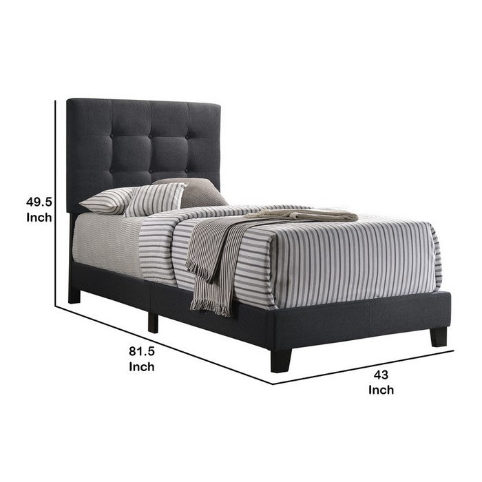 Twin Size Bed with Square Button Tufted Headboard, Dark Gray
