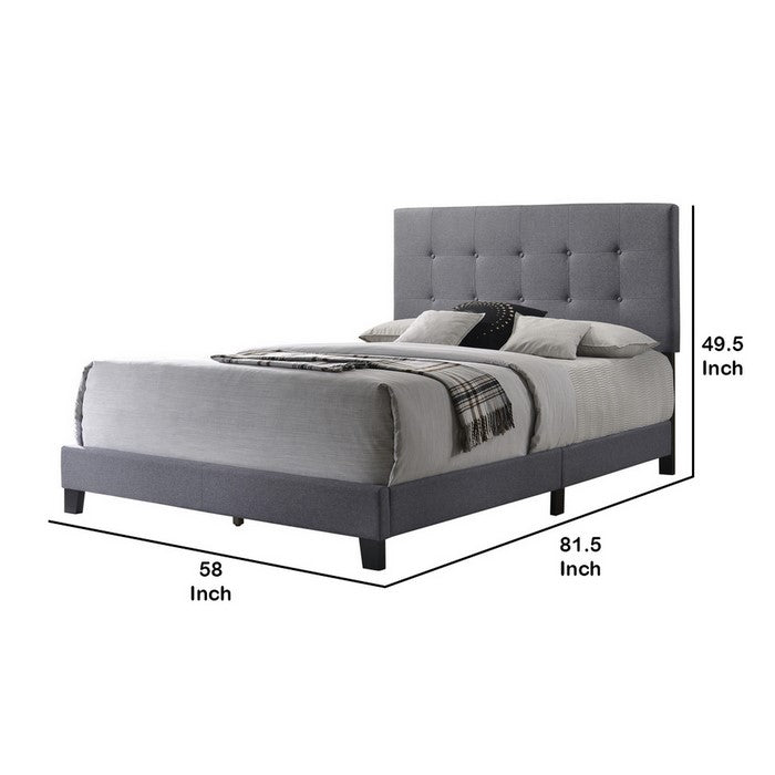 Full Size Bed with Square Button Tufted Headboard and Chamfered Legs, Gray