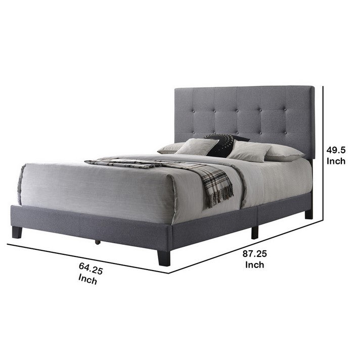 Queen Size Bed with Square Button Tufted Headboard and Chamfered Legs, Gray