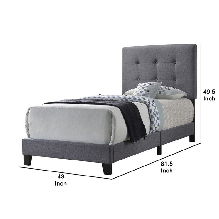Twin Size Bed with Square Button Tufted Headboard and Chamfered Legs, Gray
