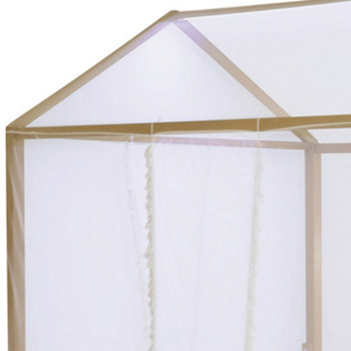 Full Size Metal Canopy Bed with Sheer Net and Overhead LED Lighting, Gold