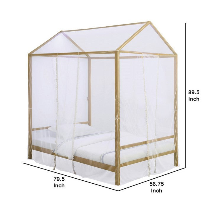 Full Size Metal Canopy Bed with Sheer Net and Overhead LED Lighting, Gold