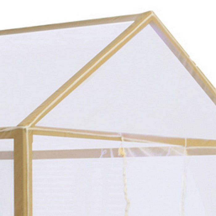 Twin Size Metal Canopy Bed with Sheer Net and Overhead LED Lighting, Gold