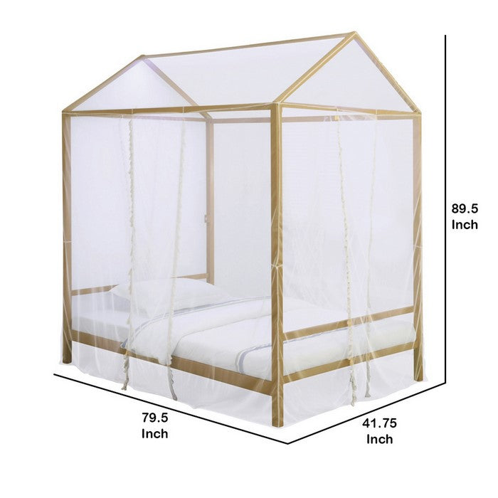 Twin Size Metal Canopy Bed with Sheer Net and Overhead LED Lighting, Gold