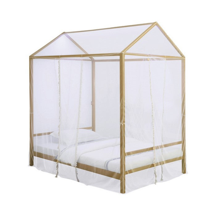Twin Size Metal Canopy Bed with Sheer Net and Overhead LED Lighting, Gold