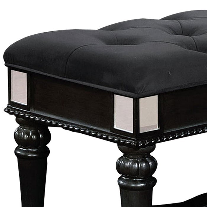 Fabric Padded Bench with Deep Button Tufting and Straight Legs, Black