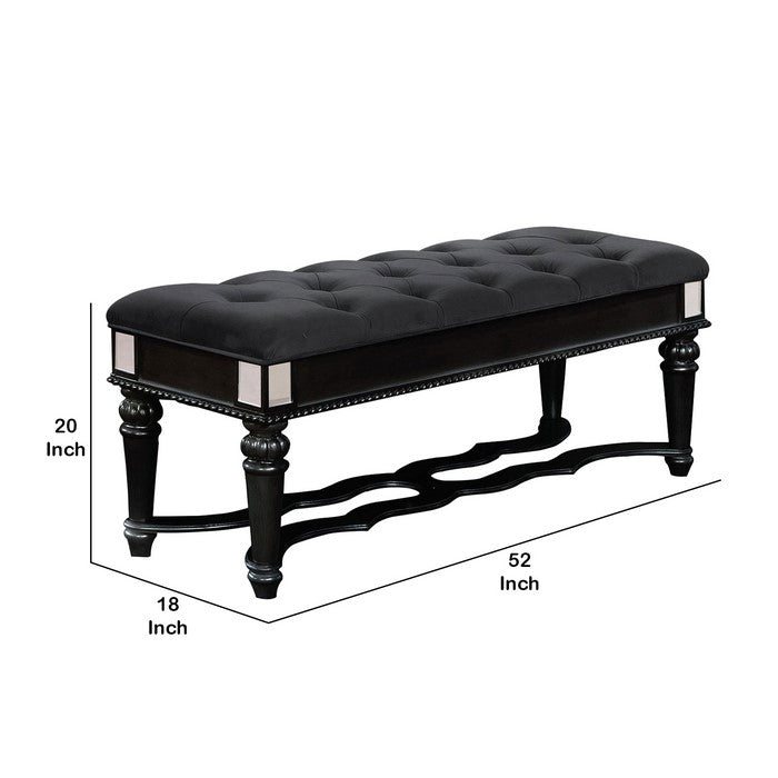 Fabric Padded Bench with Deep Button Tufting and Straight Legs, Black