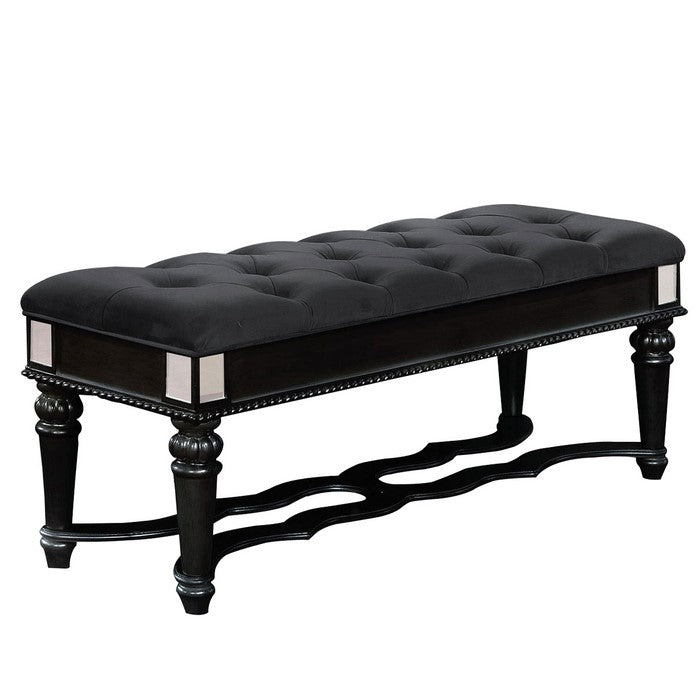 Fabric Padded Bench with Deep Button Tufting and Straight Legs, Black