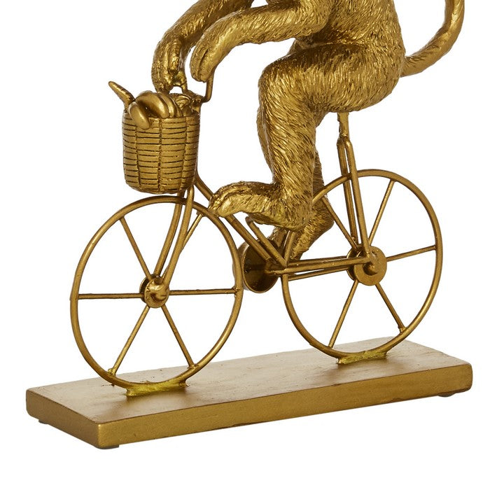 Polyresin Monkey Sculpture Riding Bicycle with Stable Base, Gold