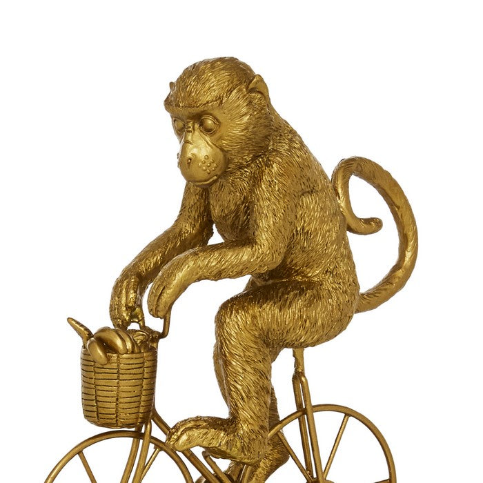 Polyresin Monkey Sculpture Riding Bicycle with Stable Base, Gold