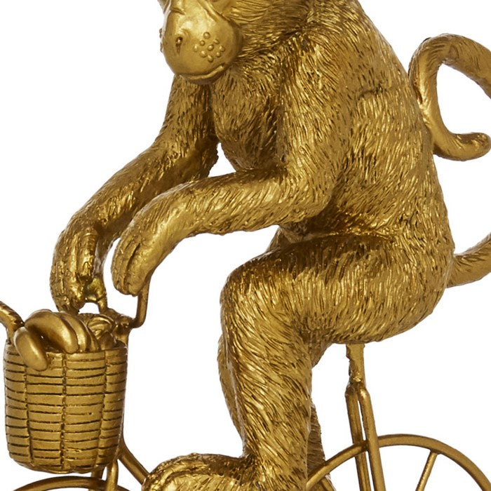 Polyresin Monkey Sculpture Riding Bicycle with Stable Base, Gold