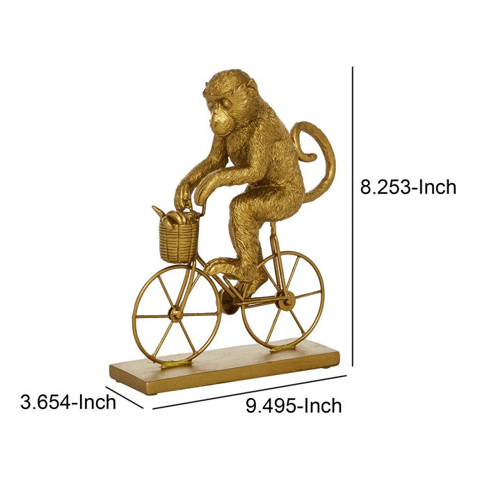 Polyresin Monkey Sculpture Riding Bicycle with Stable Base, Gold