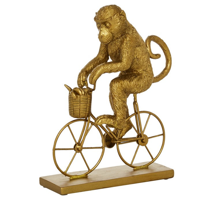 Polyresin Monkey Sculpture Riding Bicycle with Stable Base, Gold