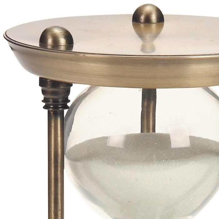 7 Inches Decorative Metal and Glass Frame Hourglass, Brass and Clear