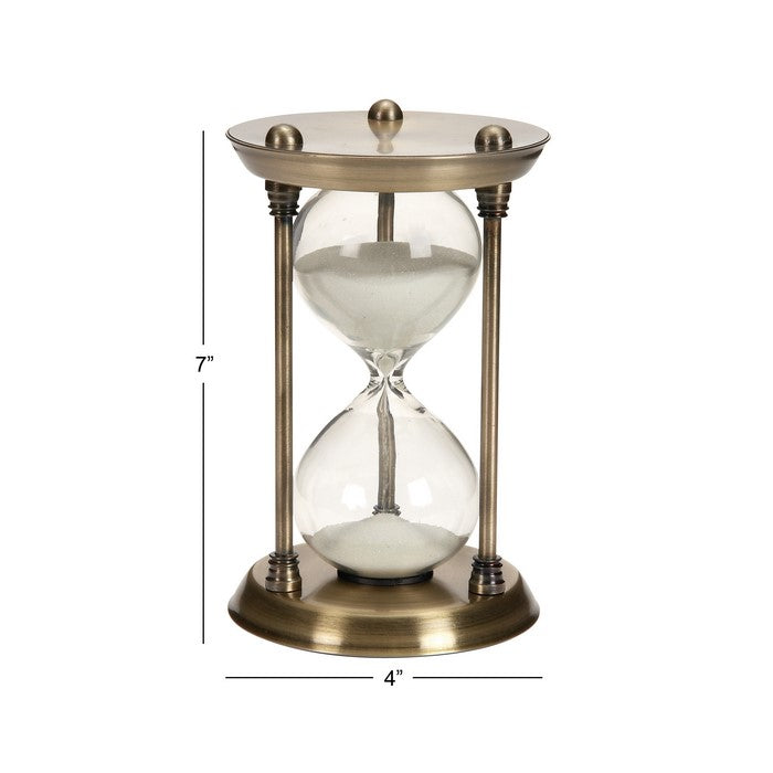 7 Inches Decorative Metal and Glass Frame Hourglass, Brass and Clear