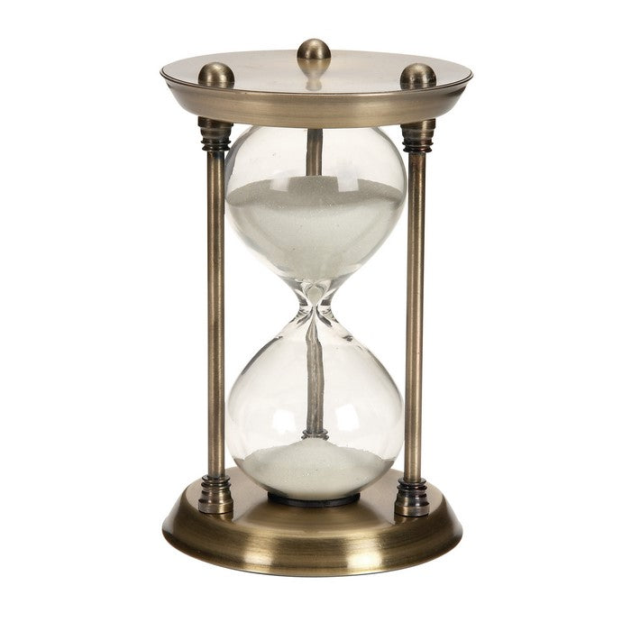 7 Inches Decorative Metal and Glass Frame Hourglass, Brass and Clear