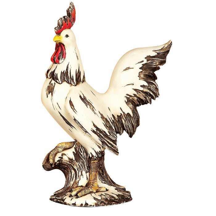 Polystone Frame Rooster Sculpture with Stable Base, Antique White