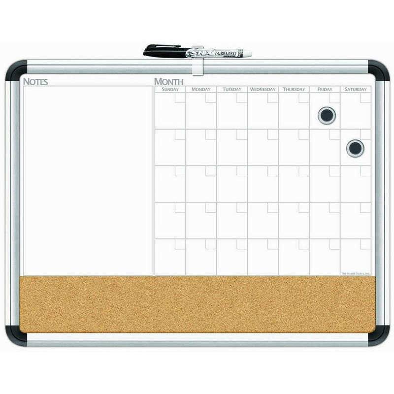 Board Dudes 17" x 23" Aluminum Framed Magnetic 3-In-1 Dry Erase Cork Calendar Board (CXP65)
