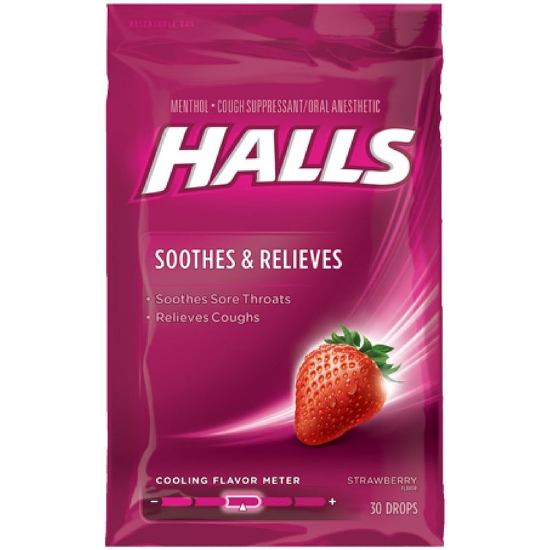 Halls Strawberry Flavor Menthol Drops, 30 Each