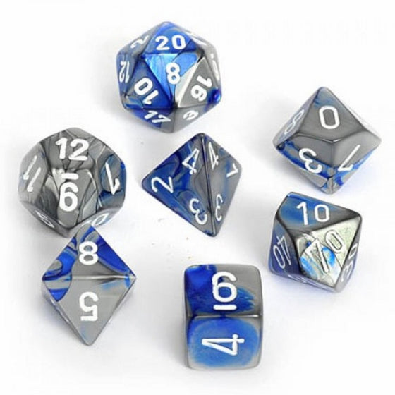 Polyhedral 7-Die Gemini Chessex Dice Set - Blue-Steel with White CHX-26423