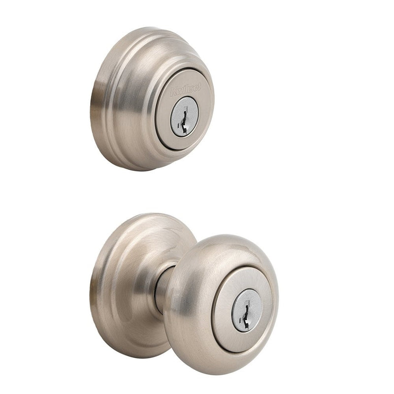 Kwikset 992 Juno Entry Knob and Double Cylinder Deadbolt (Keyed on both side) Combo Pack featuring SmartKey in Satin Nickel