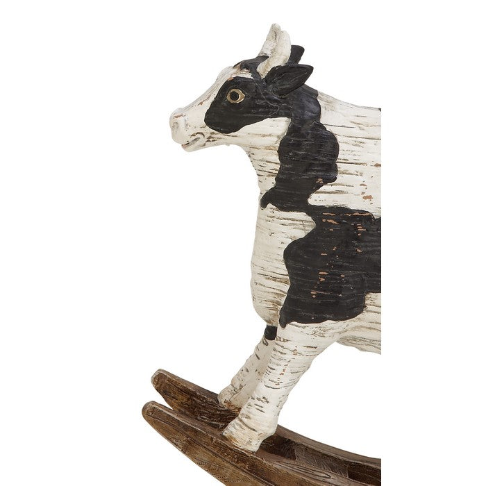 Polystone Frame Cow Sculpture on Wooden Base, Black and White