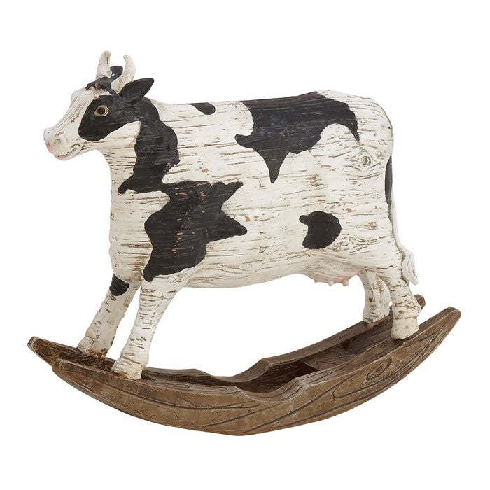 Polystone Frame Cow Sculpture on Wooden Base, Black and White