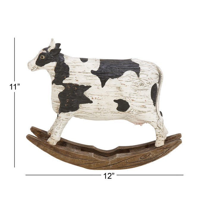 Polystone Frame Cow Sculpture on Wooden Base, Black and White