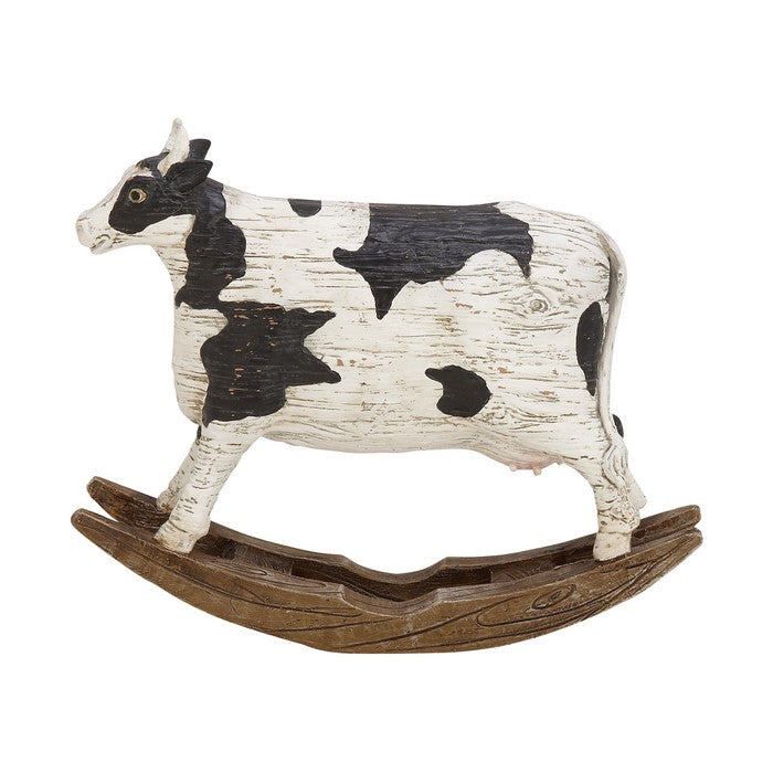 Polystone Frame Cow Sculpture on Wooden Base, Black and White