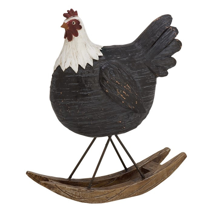 Polystone Frame Hen Sculpture on Wooden Base, Black and White