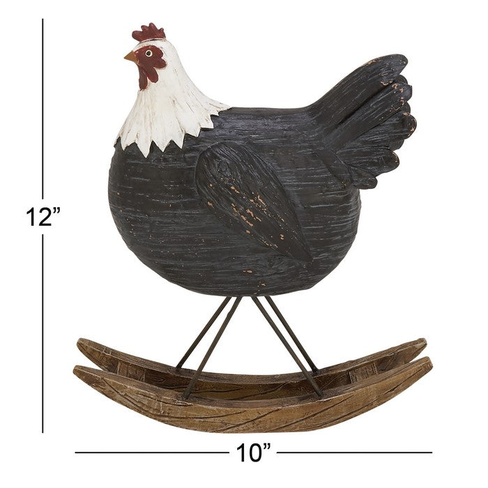 Polystone Frame Hen Sculpture on Wooden Base, Black and White