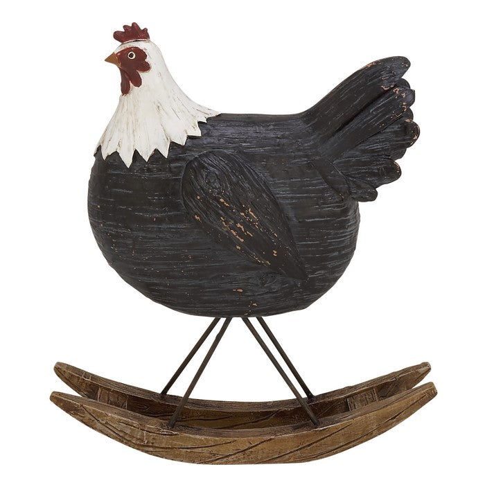 Polystone Frame Hen Sculpture on Wooden Base, Black and White