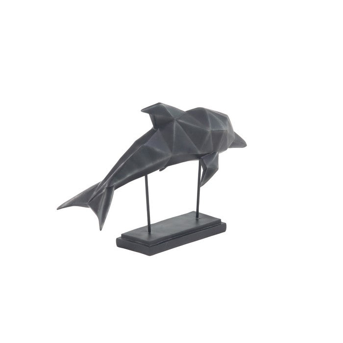 Metal Frame Polystone Dolphin Sculpture on Stable Base, Black