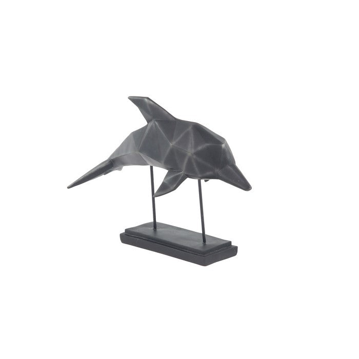 Metal Frame Polystone Dolphin Sculpture on Stable Base, Black