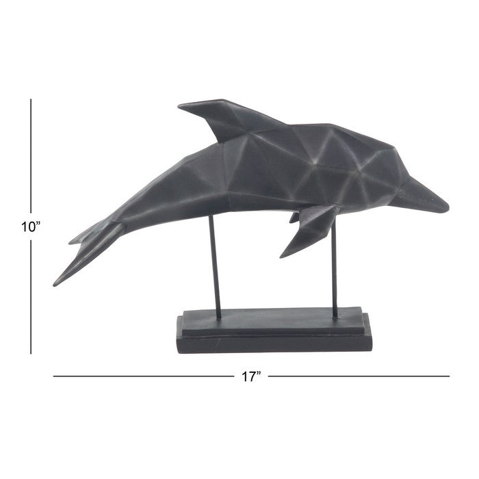 Metal Frame Polystone Dolphin Sculpture on Stable Base, Black