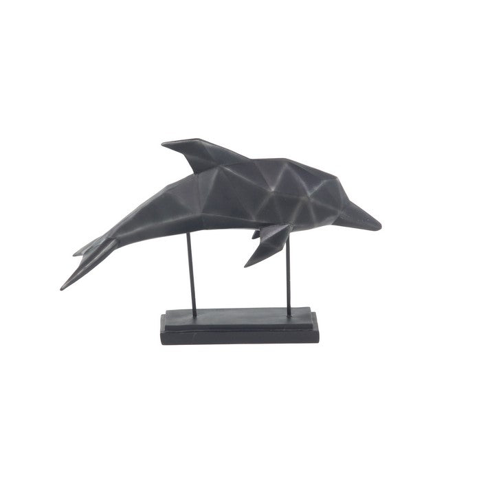 Metal Frame Polystone Dolphin Sculpture on Stable Base, Black