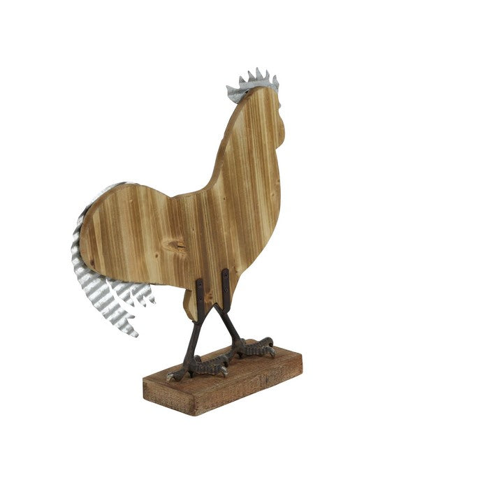 Metal and Wood Frame Rooster Sculpture with Stable Base, Brown