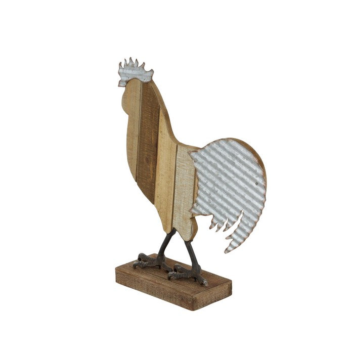 Metal and Wood Frame Rooster Sculpture with Stable Base, Brown