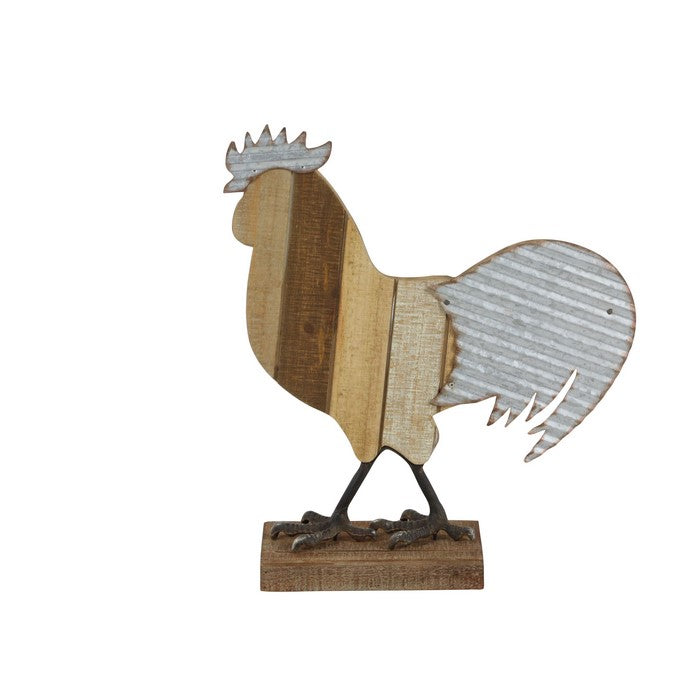 Metal and Wood Frame Rooster Sculpture with Stable Base, Brown