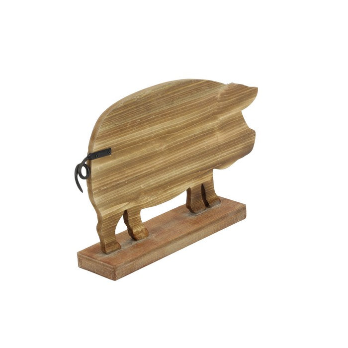 Metal and Wood Frame Pig Sculpture with Stable Base, Brown