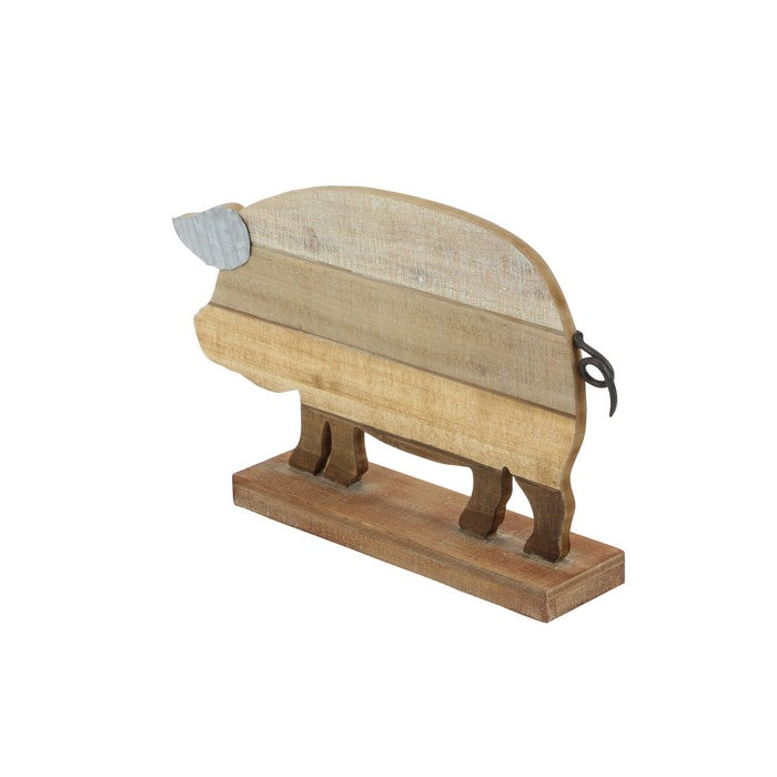 Metal and Wood Frame Pig Sculpture with Stable Base, Brown