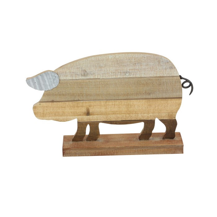 Metal and Wood Frame Pig Sculpture with Stable Base, Brown