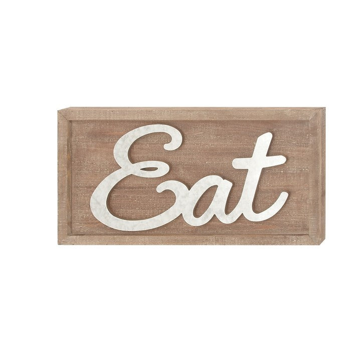 Wooden Wall Sign with Metal Accent Eat Typography, Brown